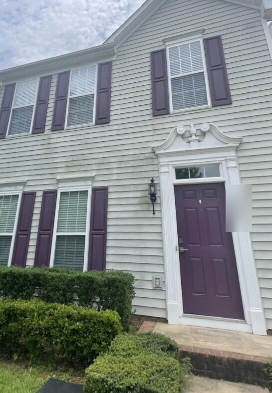 Two-story house wash: algae streaks gone from the siding, before