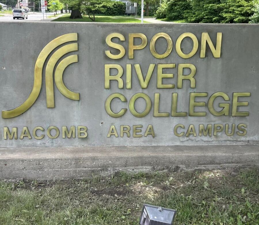 Spoon River College sign, Macomb: black streaks removed, after